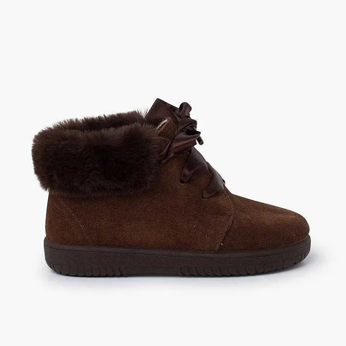 Pisamonas Boots>Girl'S Suede Booties With Fur Collar Satin Laces