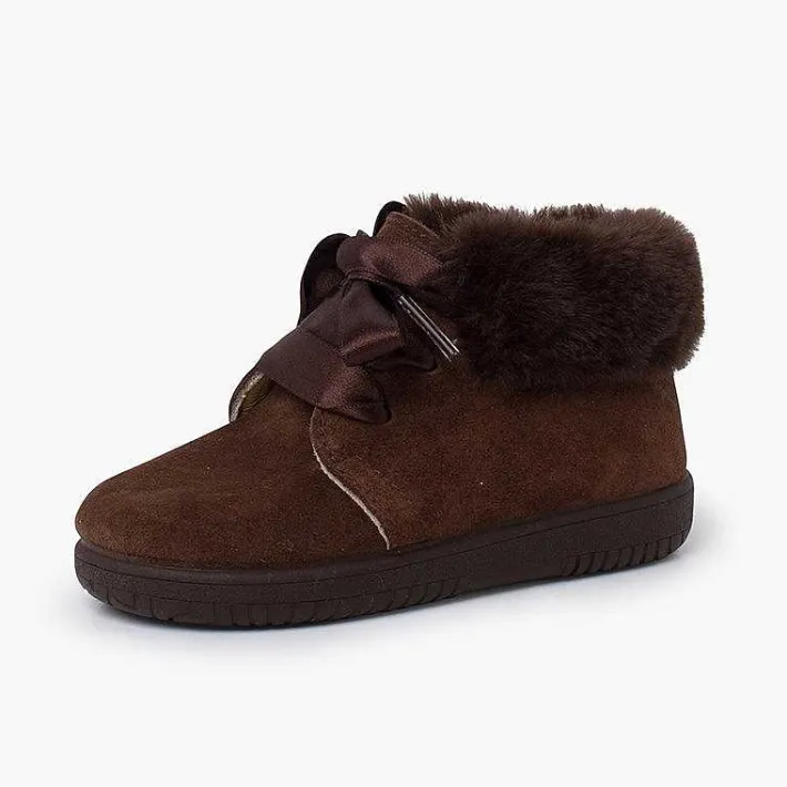 Pisamonas Boots>Girl'S Suede Booties With Fur Collar Satin Laces
