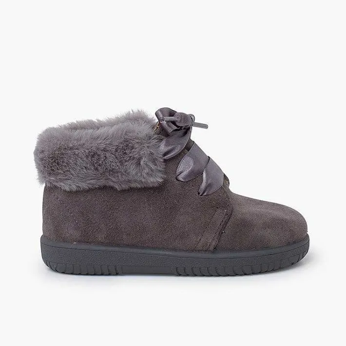 Pisamonas Boots>Girl'S Suede Booties With Fur Collar Satin Laces