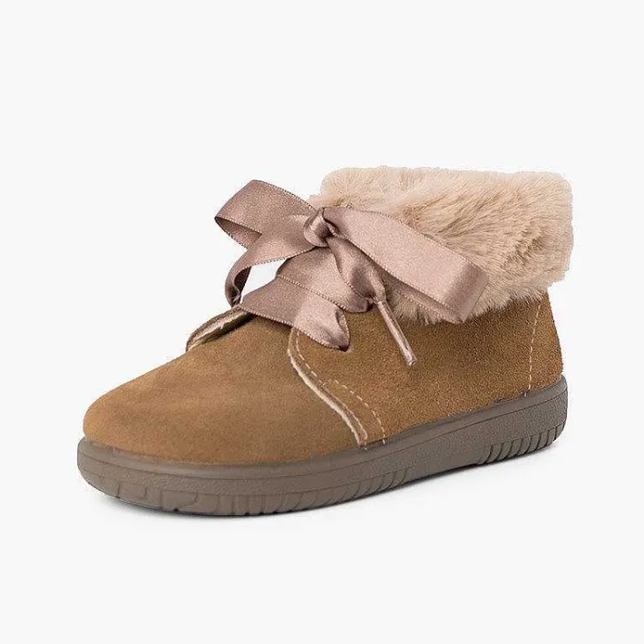 Pisamonas Boots>Girl'S Suede Booties With Fur Collar Satin Laces