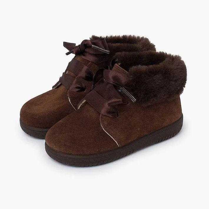 Pisamonas Boots>Girl'S Suede Booties With Fur Collar Satin Laces