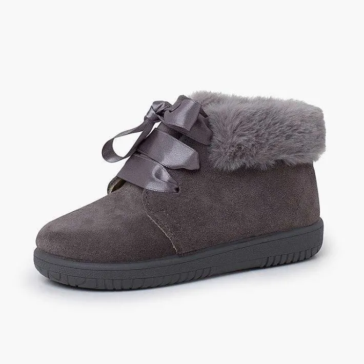 Pisamonas Boots>Girl'S Suede Booties With Fur Collar Satin Laces