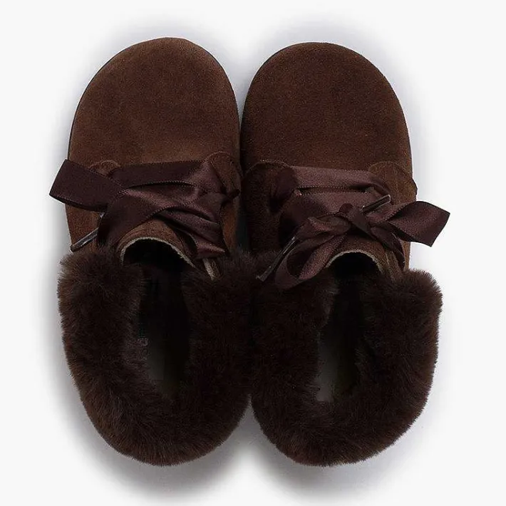 Pisamonas Boots>Girl'S Suede Booties With Fur Collar Satin Laces