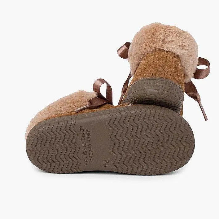 Pisamonas Boots>Girl'S Suede Booties With Fur Collar Satin Laces