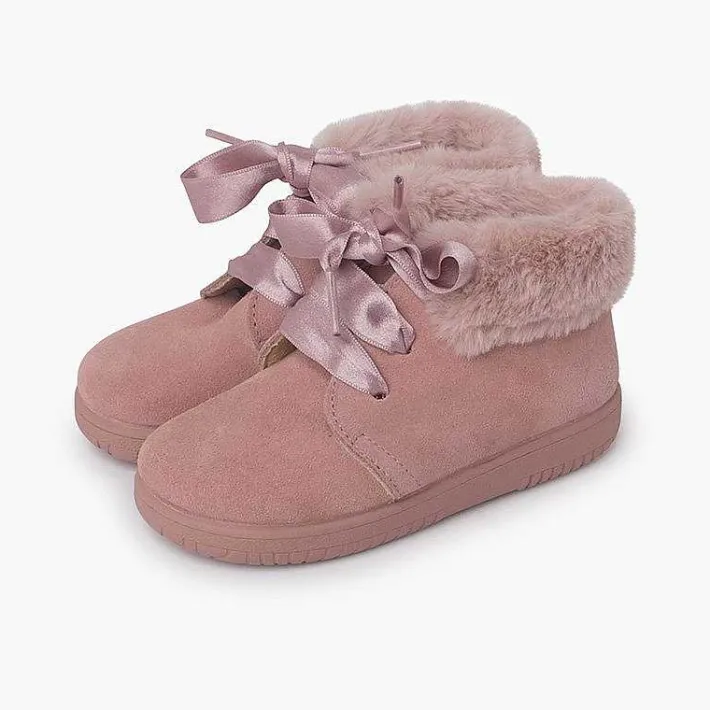 Pisamonas Boots>Girl'S Suede Booties With Fur Collar Satin Laces