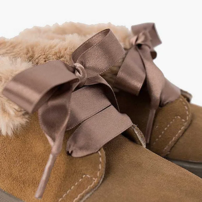 Pisamonas Boots>Girl'S Suede Booties With Fur Collar Satin Laces