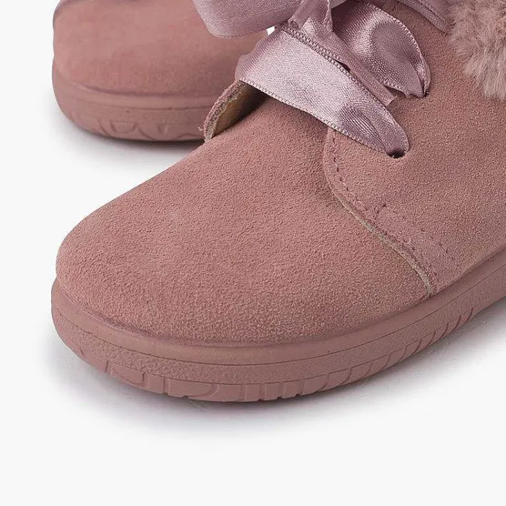 Pisamonas Boots>Girl'S Suede Booties With Fur Collar Satin Laces