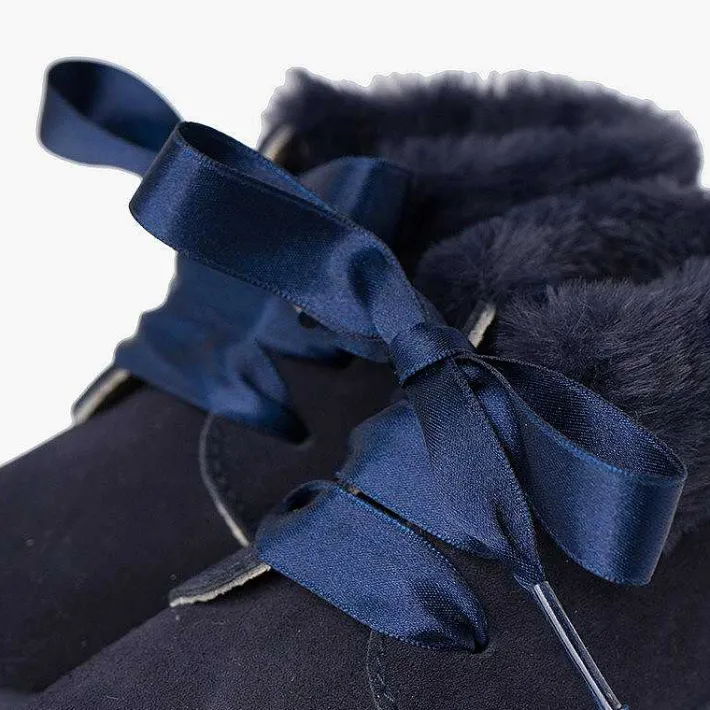 Pisamonas Boots>Girl'S Suede Booties With Fur Collar Satin Laces