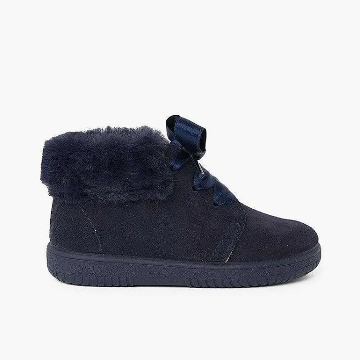 Pisamonas Boots>Girl'S Suede Booties With Fur Collar Satin Laces