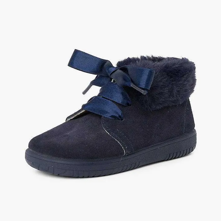 Pisamonas Boots>Girl'S Suede Booties With Fur Collar Satin Laces