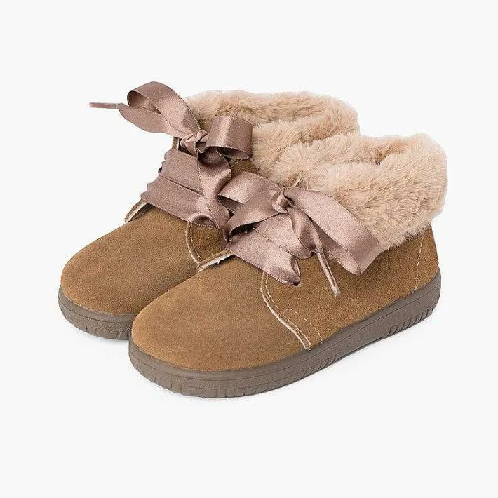Pisamonas Boots>Girl'S Suede Booties With Fur Collar Satin Laces