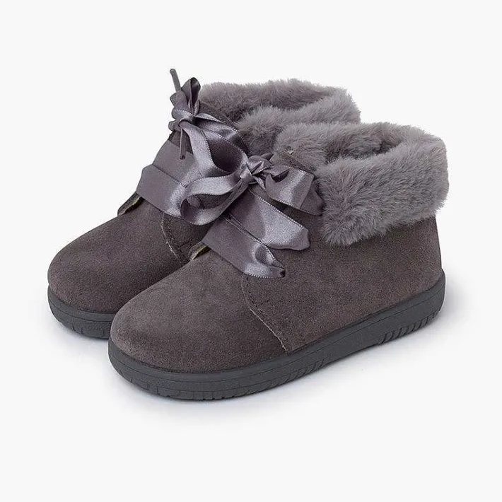 Pisamonas Boots>Girl'S Suede Booties With Fur Collar Satin Laces