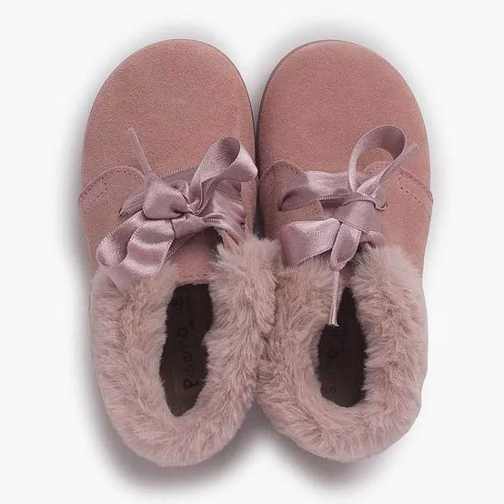 Pisamonas Boots>Girl'S Suede Booties With Fur Collar Satin Laces
