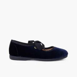 Pisamonas Mary Janes>Girls Velvet Mary Jane With Faille Bow