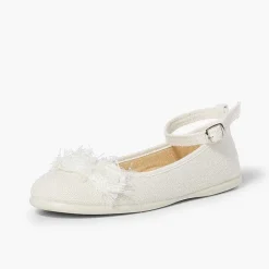 Pisamonas Communion Shoes>Linen Ballet Pumps With Ankle Strap And Flower Decoration