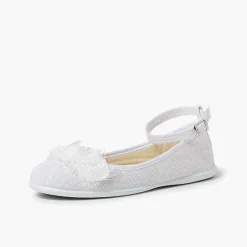 Pisamonas Communion Shoes>Linen Ballet Pumps With Ankle Strap And Flower Decoration