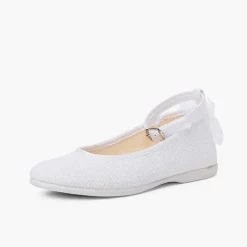 Pisamonas Communion Shoes>Linen Buckle Strap Ballet Flats Organza Back Bow