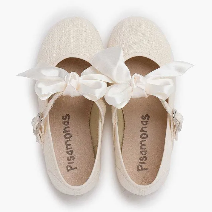 Pisamonas Communion Shoes>Linen Mary Janes Ceremony Satin Bow