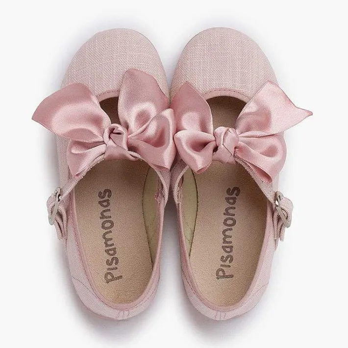 Pisamonas Communion Shoes>Linen Mary Janes Ceremony Satin Bow