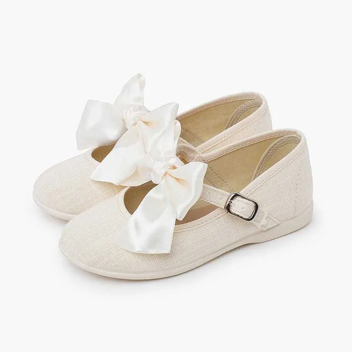 Pisamonas Communion Shoes>Linen Mary Janes Ceremony Satin Bow