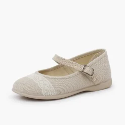 Pisamonas Communion Shoes>Linen Mary Janes Lace Up Ceremony Colour Beige