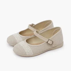 Pisamonas Communion Shoes>Linen Mary Janes Lace Up Ceremony Colour Beige