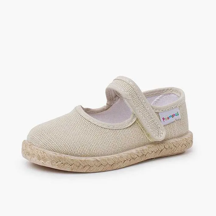 Pisamonas Mary Janes>Linen Mary Janes With Espadrille Sole And Hook-And-Loop Closure