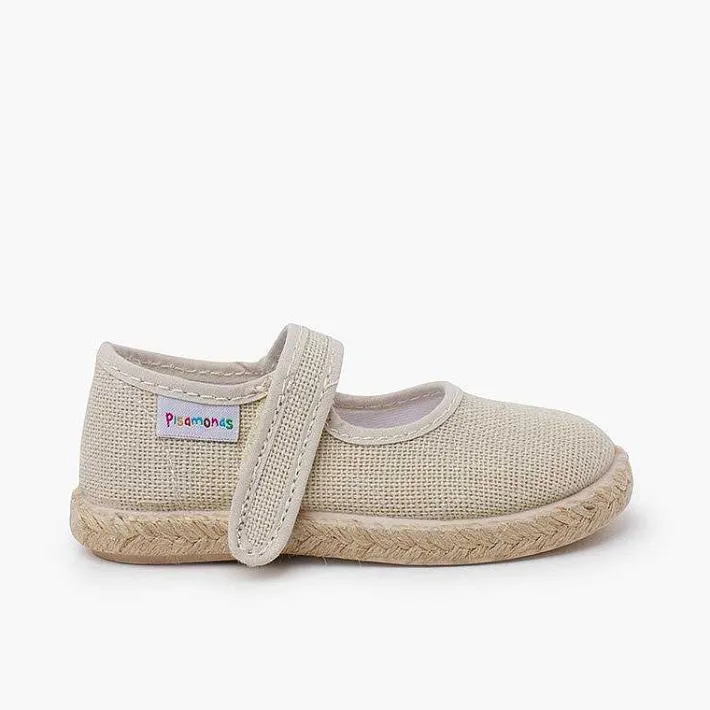 Pisamonas Mary Janes>Linen Mary Janes With Espadrille Sole And Hook-And-Loop Closure