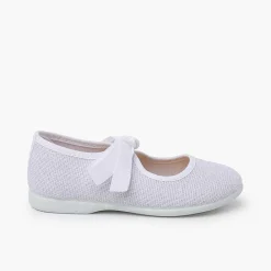 Pisamonas Mary Janes>Linen Mary Janes With Faille Bow Fastening