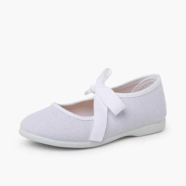 Pisamonas Mary Janes>Linen Mary Janes With Faille Bow Fastening