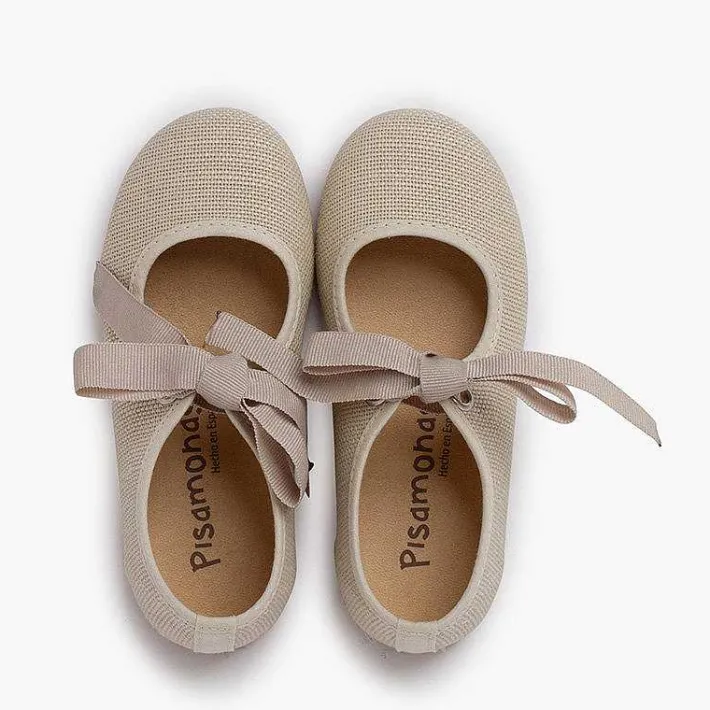 Pisamonas Mary Janes>Linen Mary Janes With Faille Bow Fastening