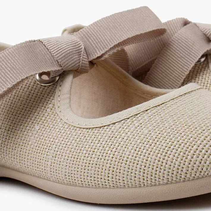 Pisamonas Mary Janes>Linen Mary Janes With Faille Bow Fastening