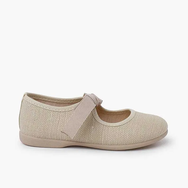 Pisamonas Mary Janes>Linen Mary Janes With Faille Bow Fastening