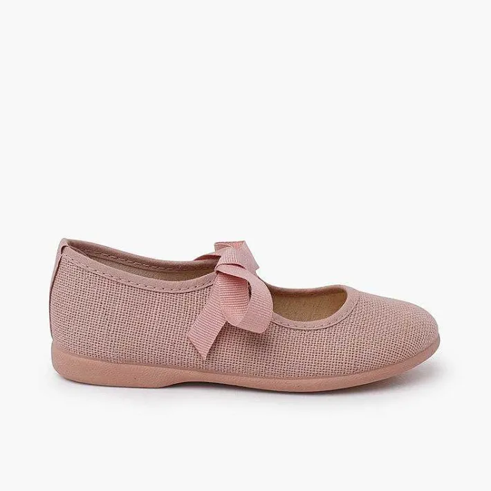 Pisamonas Mary Janes>Linen Mary Janes With Faille Bow Fastening