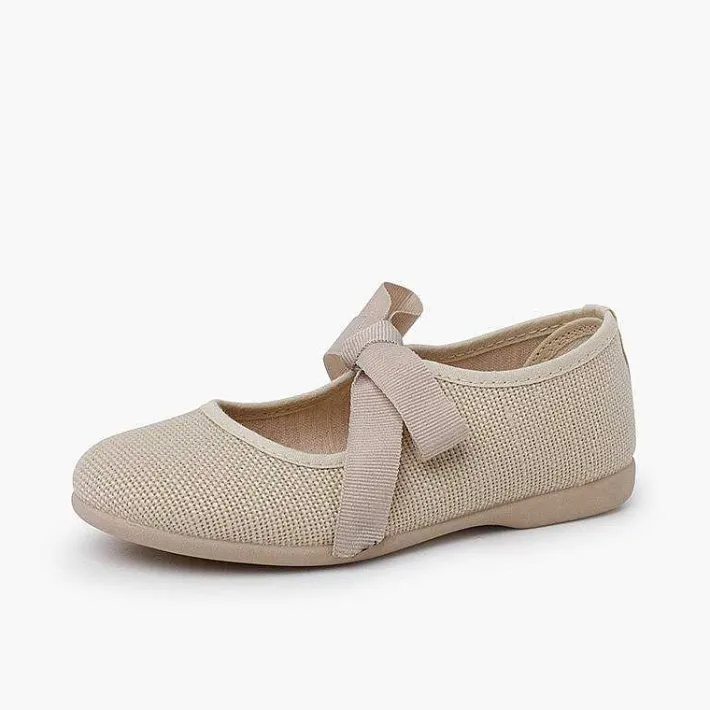 Pisamonas Mary Janes>Linen Mary Janes With Faille Bow Fastening
