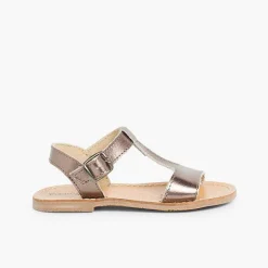 Pisamonas Sandals>Metallic Flat Leather Sandals