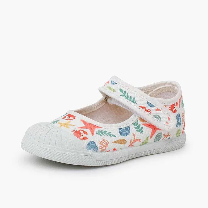 Pisamonas Mary Janes>Printed Mary Janes Rubber Toe Cap Hook-And-Loop Closure Colour Estrellas Y Corales
