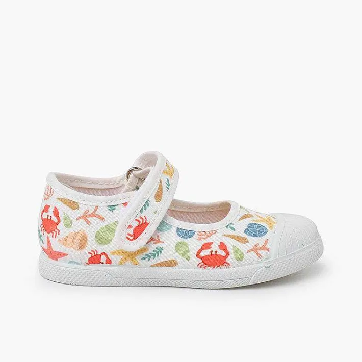 Pisamonas Mary Janes>Printed Mary Janes Rubber Toe Cap Hook-And-Loop Closure Colour Estrellas Y Corales