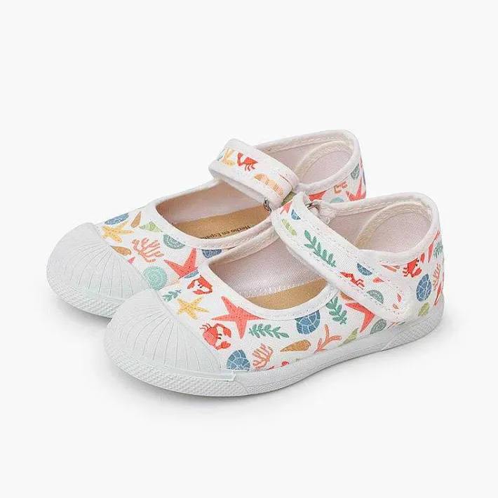 Pisamonas Mary Janes>Printed Mary Janes Rubber Toe Cap Hook-And-Loop Closure Colour Estrellas Y Corales