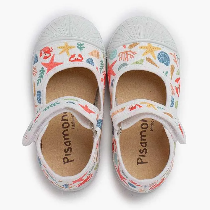 Pisamonas Mary Janes>Printed Mary Janes Rubber Toe Cap Hook-And-Loop Closure Colour Estrellas Y Corales