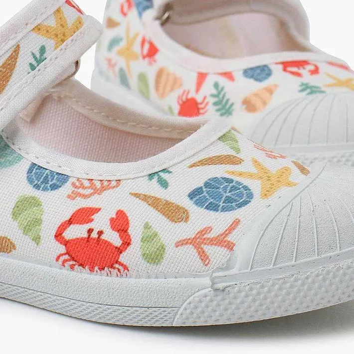 Pisamonas Mary Janes>Printed Mary Janes Rubber Toe Cap Hook-And-Loop Closure Colour Estrellas Y Corales