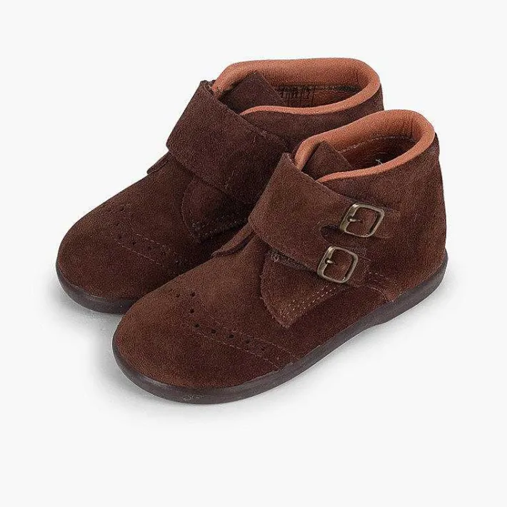 Pisamonas Boots>Suede And Loop Fasteners Booties With Decorative Buckles