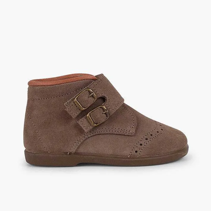 Pisamonas Boots>Suede And Loop Fasteners Booties With Decorative Buckles