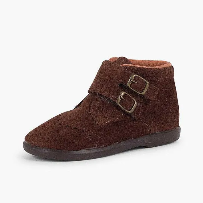 Pisamonas Boots>Suede And Loop Fasteners Booties With Decorative Buckles