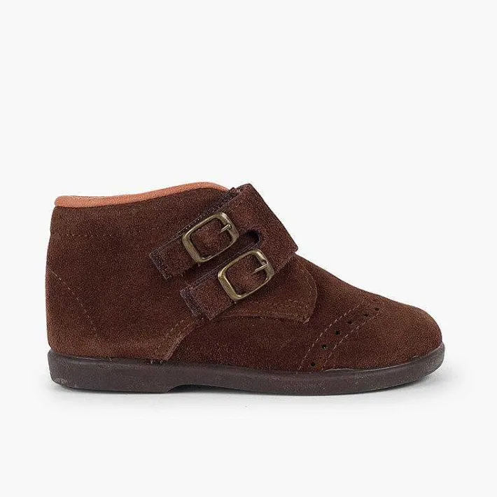 Pisamonas Boots>Suede And Loop Fasteners Booties With Decorative Buckles