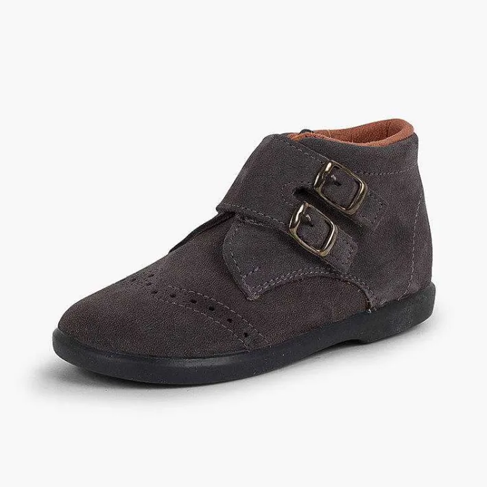 Pisamonas Boots>Suede And Loop Fasteners Booties With Decorative Buckles