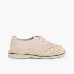 Pisamonas Communion Shoes>Suede Bluchers With Punch Hole Detail