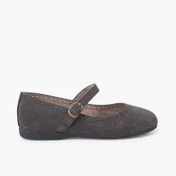 Pisamonas Mary Janes>Suede Mary Janes With Fine Buckle And Punctured Design