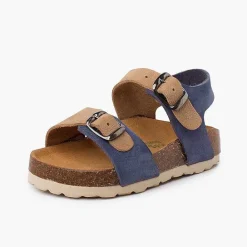 Pisamonas Sandals>Two-Tone Double Buckle Kids Bio Sandals Colour Blue Jeans And Beige