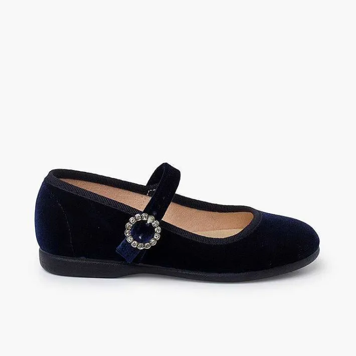 Pisamonas Mary Janes>Velvet Mary Janes With Jewel Buckle